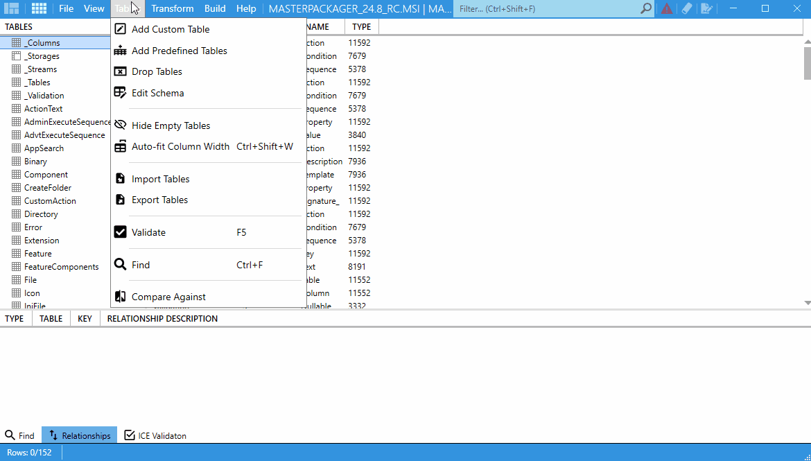 Master Packager - Add Predefined and Custom Tables view