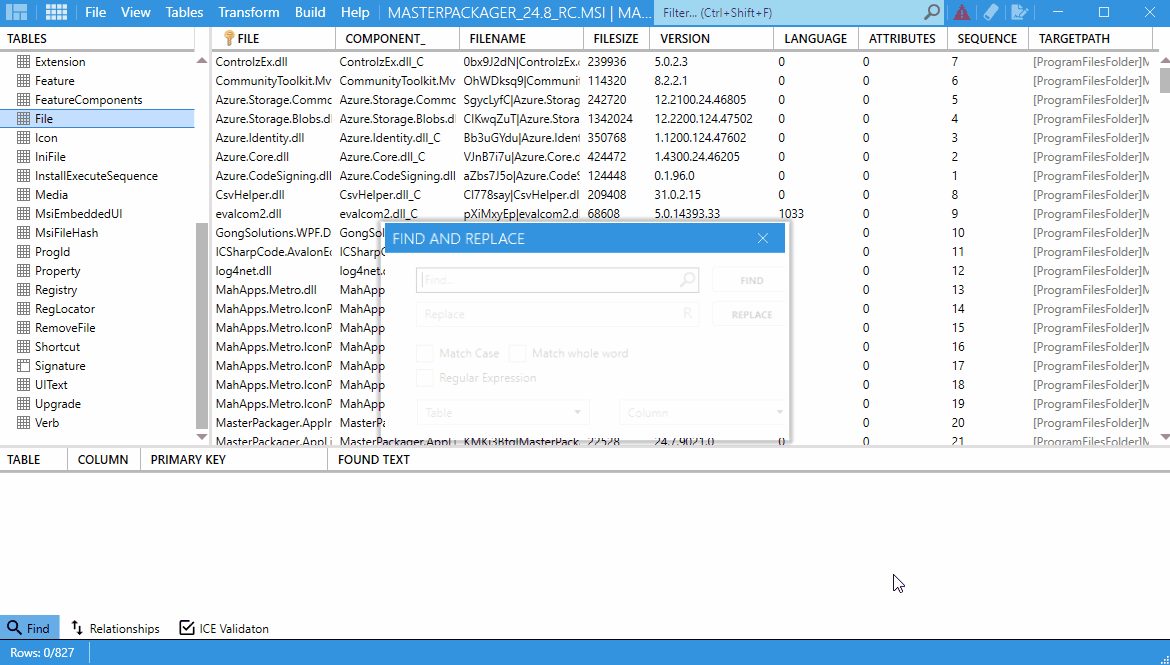 Master Packager table editor - Find and Replace
