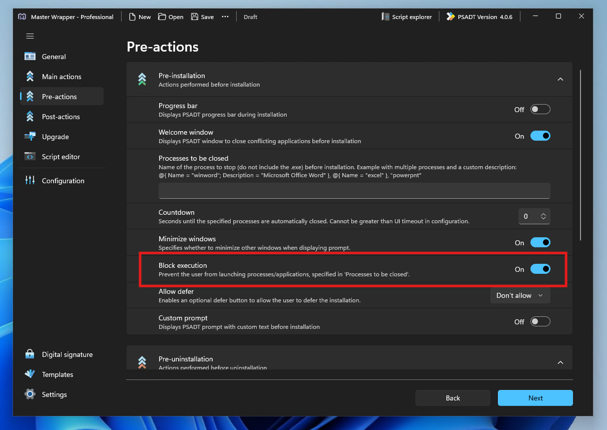 Block App Execution setting in Master Wrapper