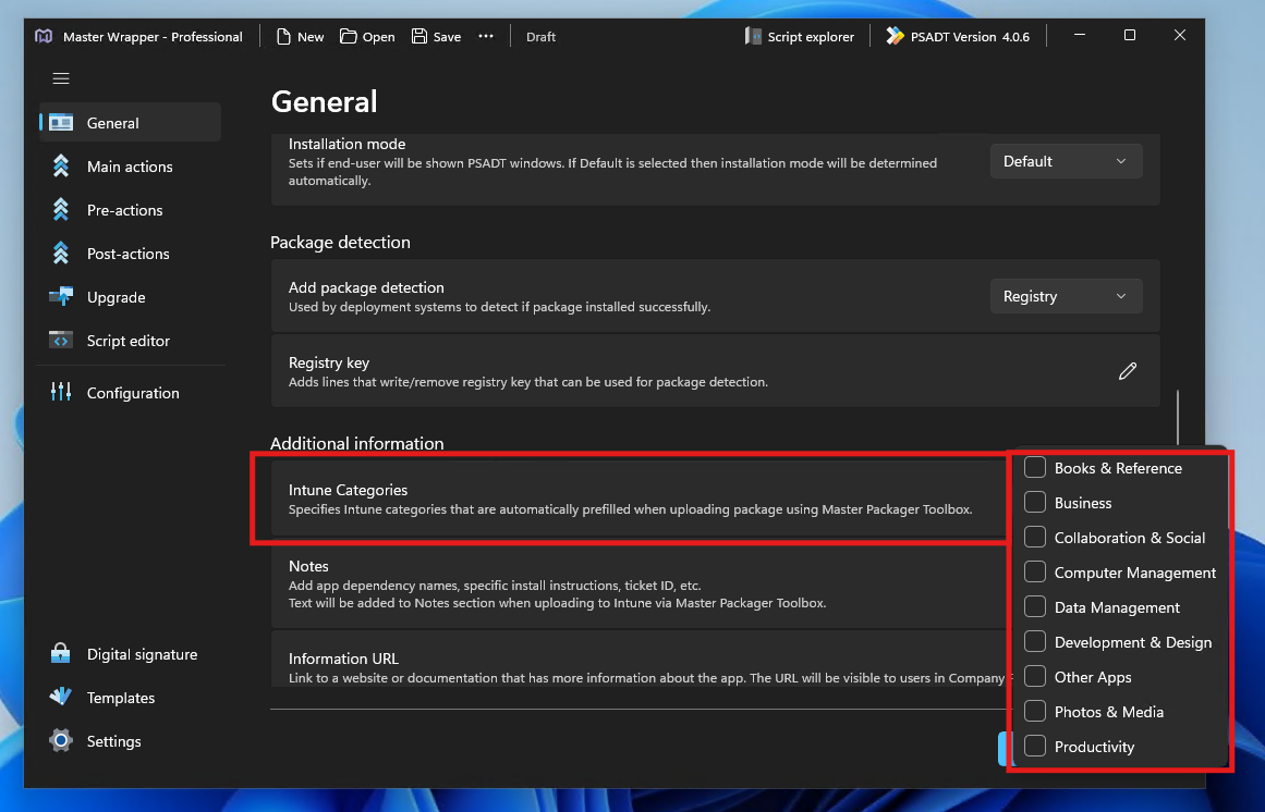 Select Intune app categories in Master Wrapper