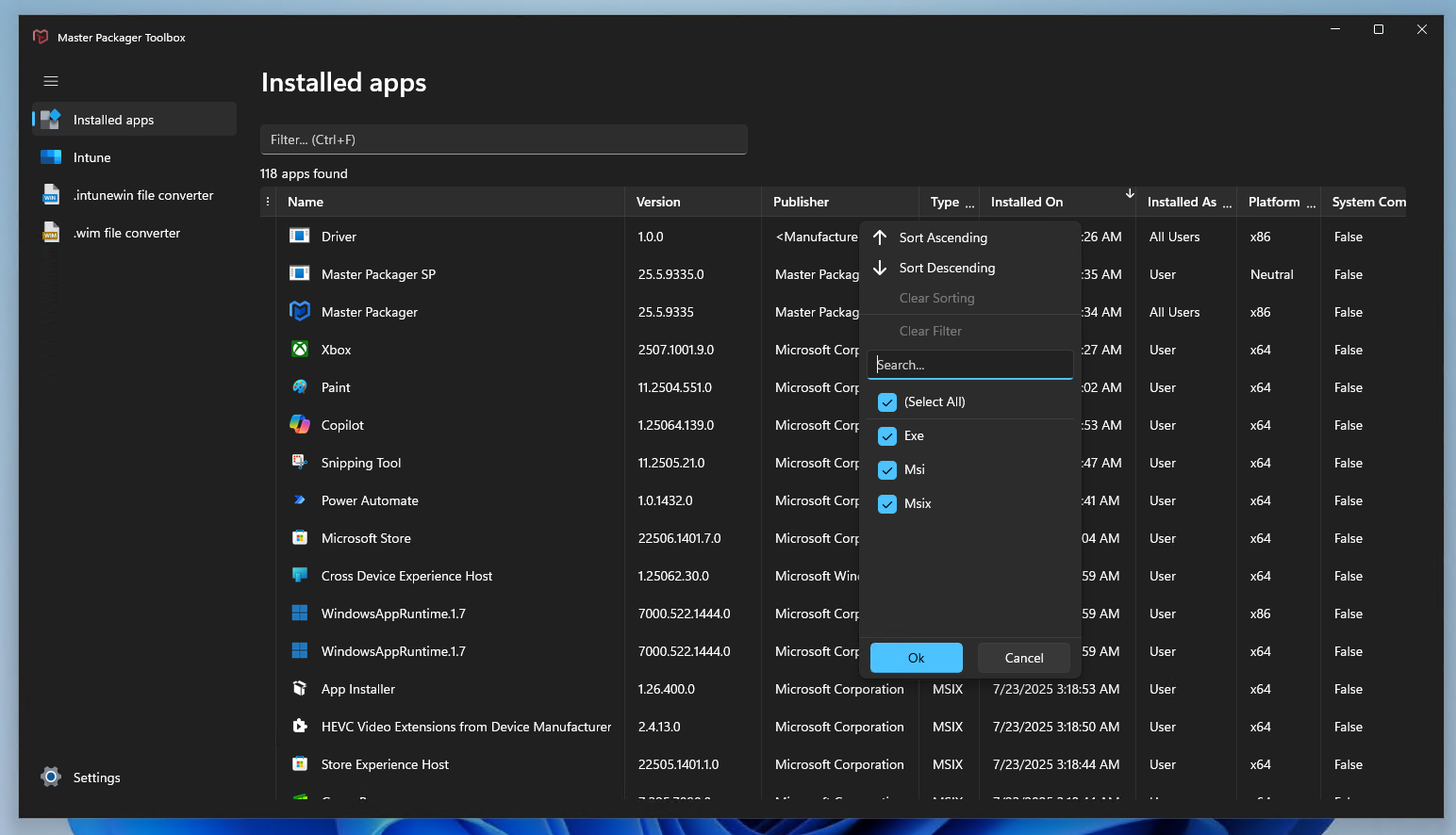 WinUI Table view in  Master Packager Toolbox