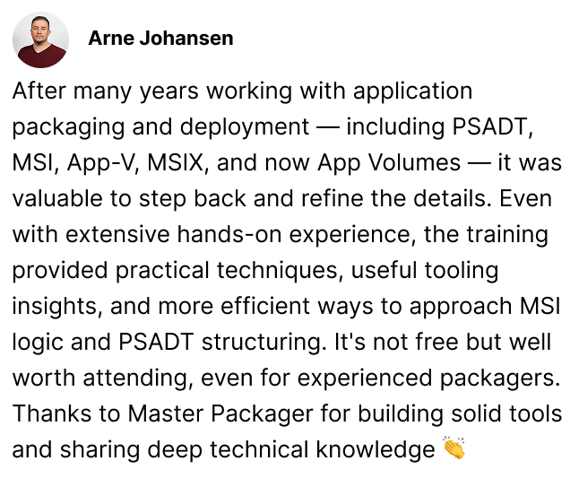 Arne Johansen feedback about Master Packager live workshop in LinkedIn