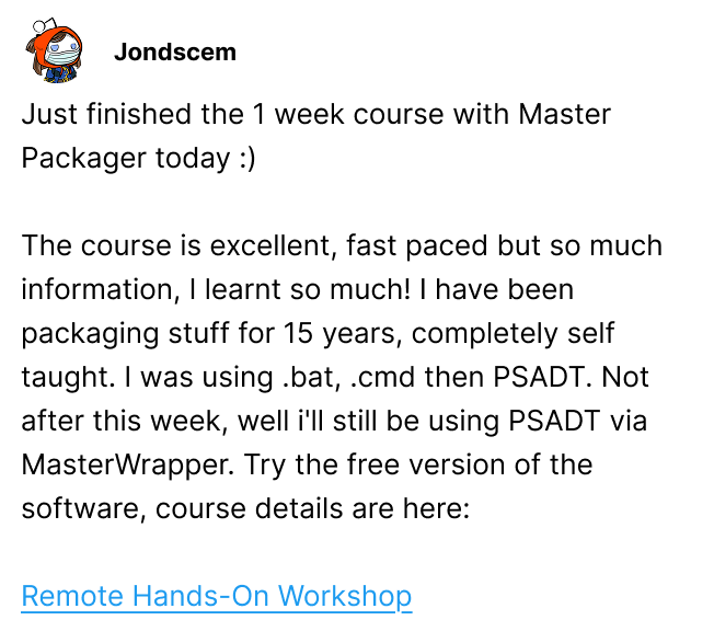 Jondscem on Reddit about Master Packager live workshop