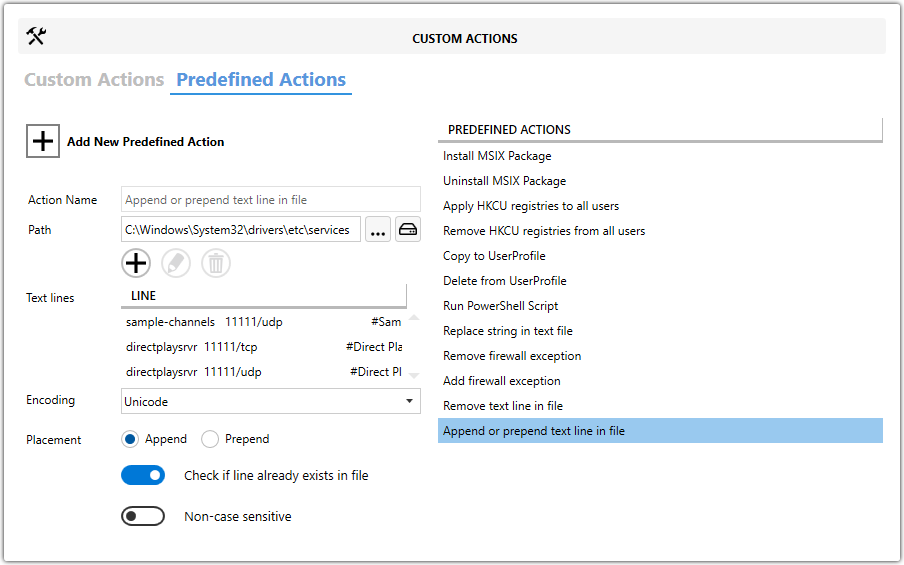 Master Packager Advanced Editor - Predefined Custom Actions - Append or prepend text line in file