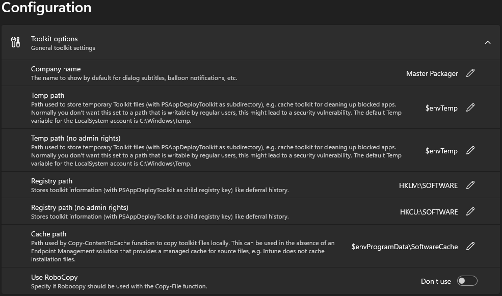 Master Wrapper Configuration section - Toolkit options