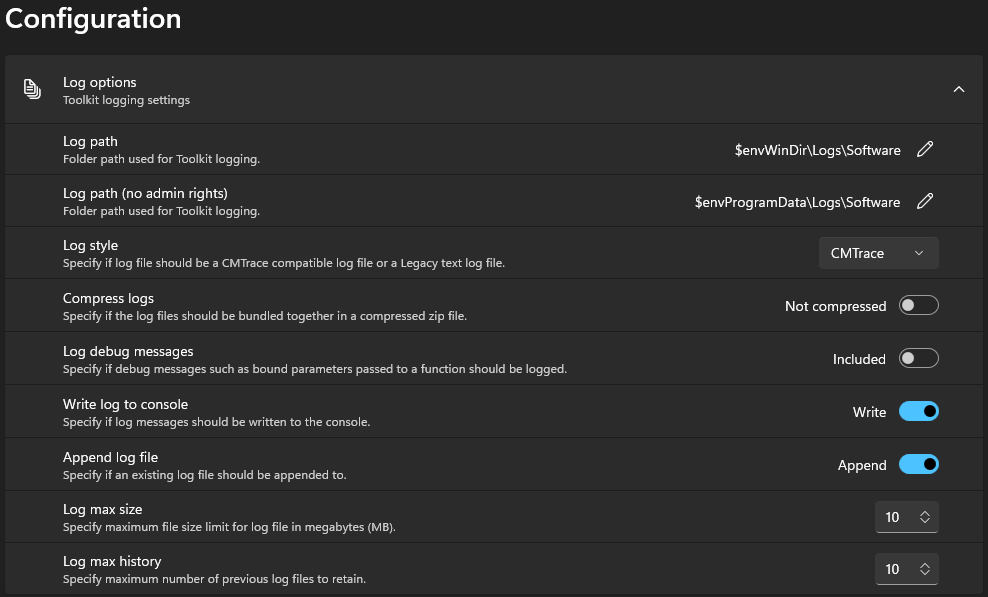 Master Wrapper Configuration section - Log options