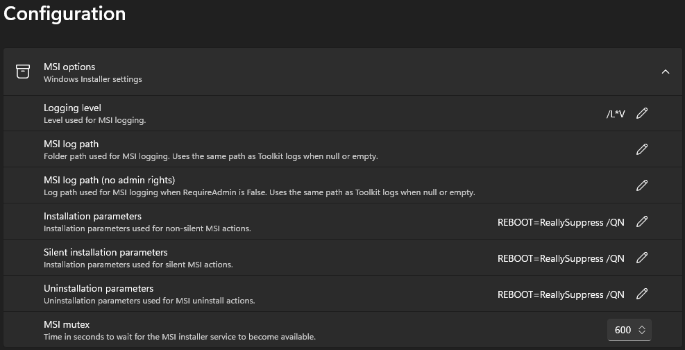 Master Wrapper Configuration section - MSI options