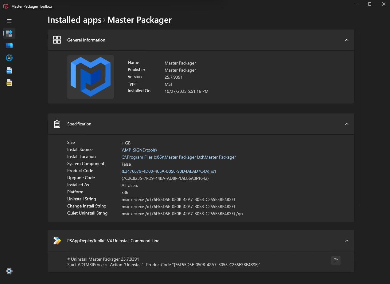 Master Packager Toolbox - Installed apps - Finding MSI source