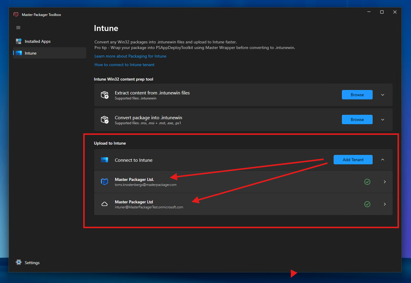 Add Intune tenant in Master Packager Toolbox