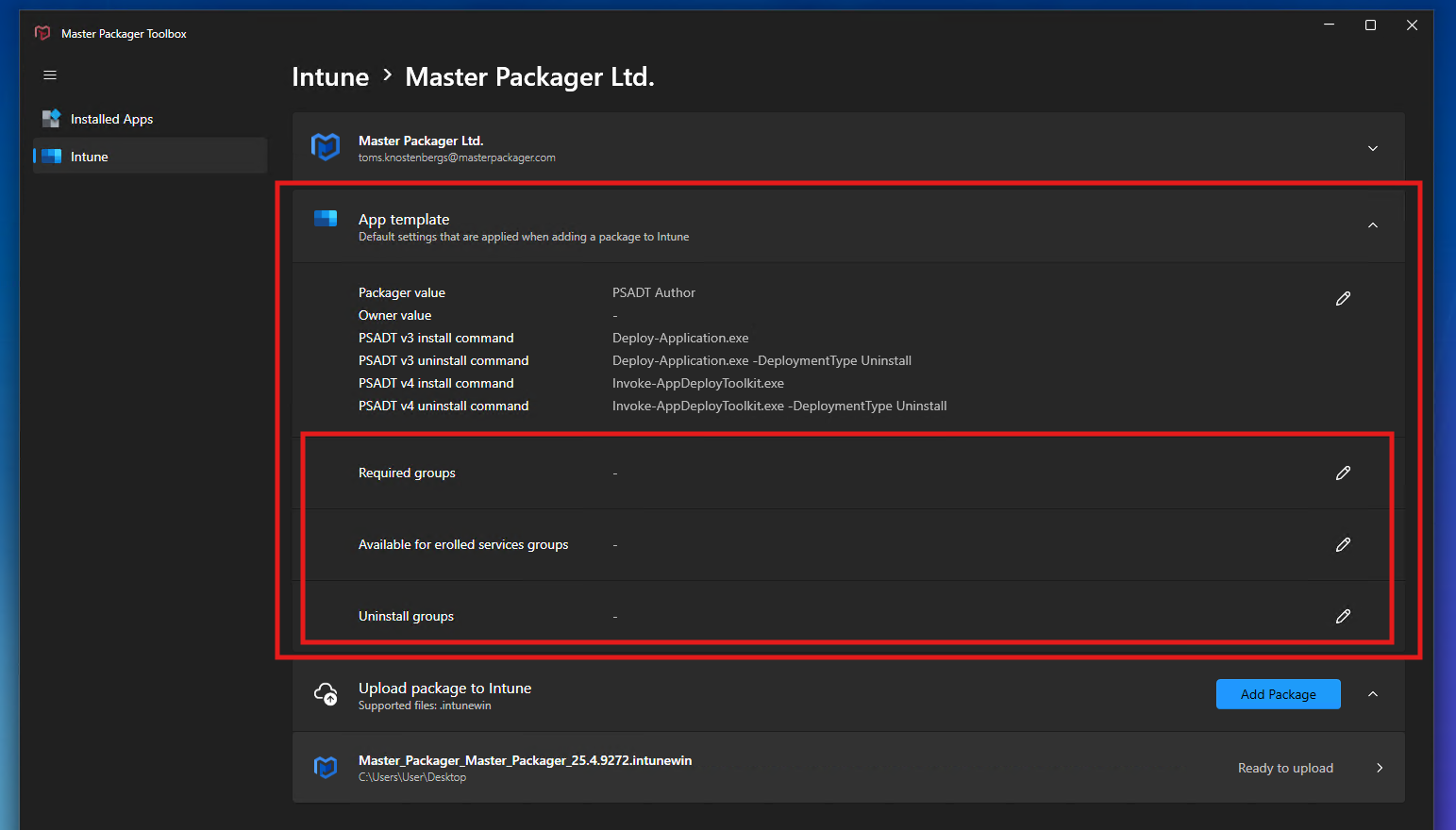 Intune assignment templates in Master Packager Toolbox for each added Intune tenant