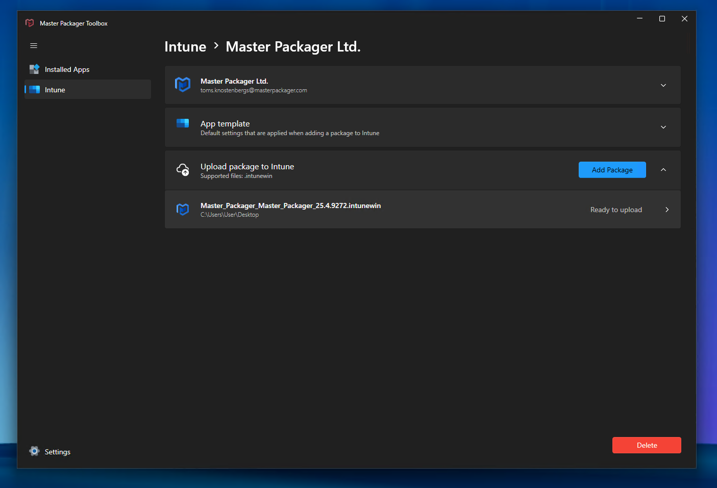 Detail view of added Intune tenant in Master Packager Toolbox